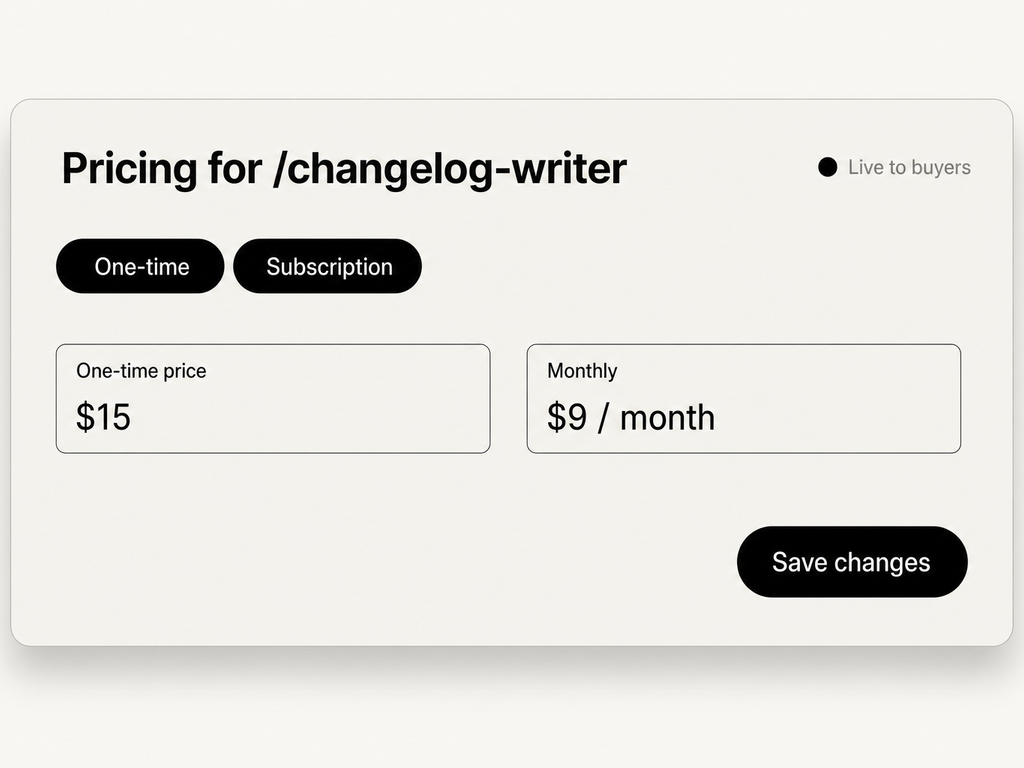 A pricing modal for /changelog-writer with both One-time and Subscription toggles selected, $15 and $9/month inputs side-by-side, and a Save changes button.